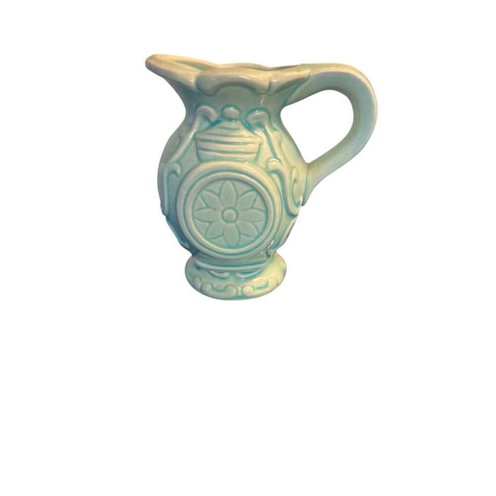 Vintage Norleans Light Blue Teal Ceramic Pitcher Floral Relief Design 4" Tall